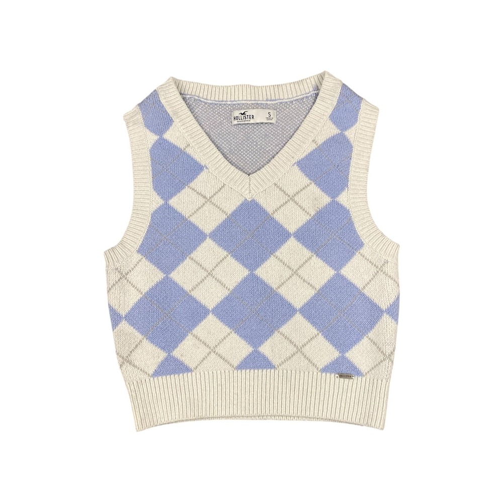 Y2K‎ Hollister Argyle Sweater Vest Baby Blue Cream V Neck Sleeveless S